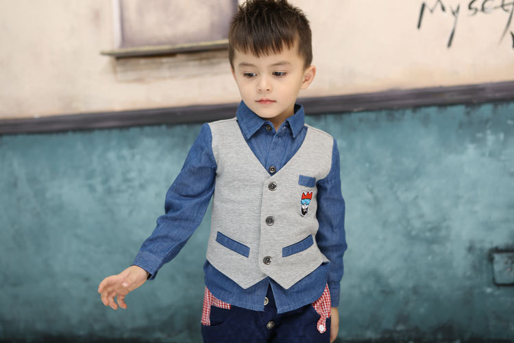 2014<em>春款</em>新款 小小童英伦<em>男童</em>假两件牛仔<em>马甲</em>