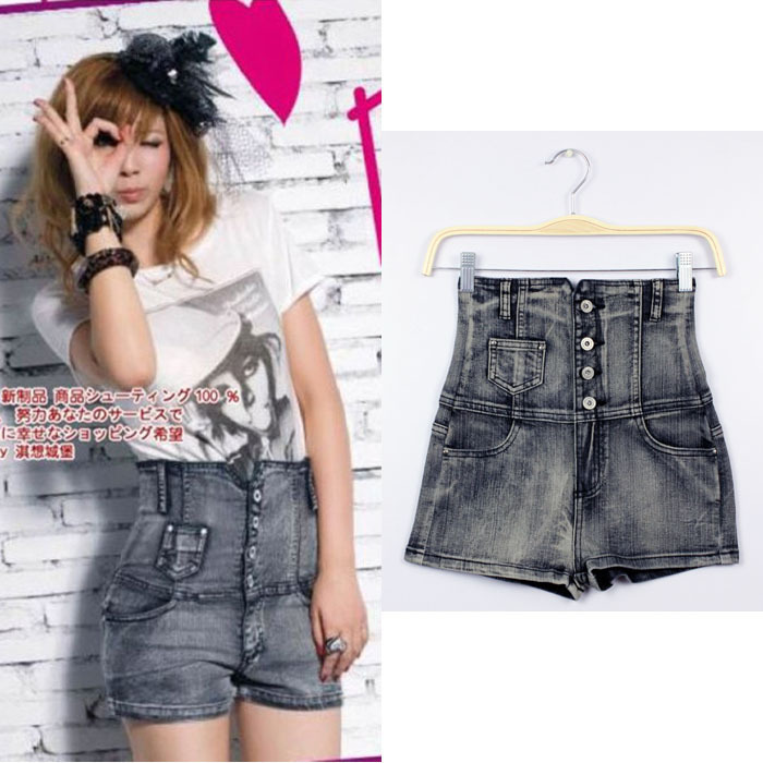 SSY日系洗水 排扣<em>高腰</em>短裤 <em>女牛仔短裤</em> 热裤 图