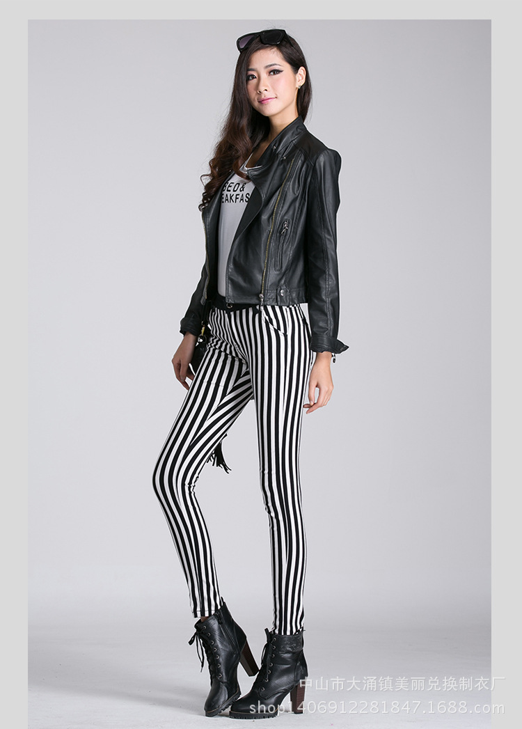 批发采购女式休闲裤-欧美黑白竖条纹女裤2014