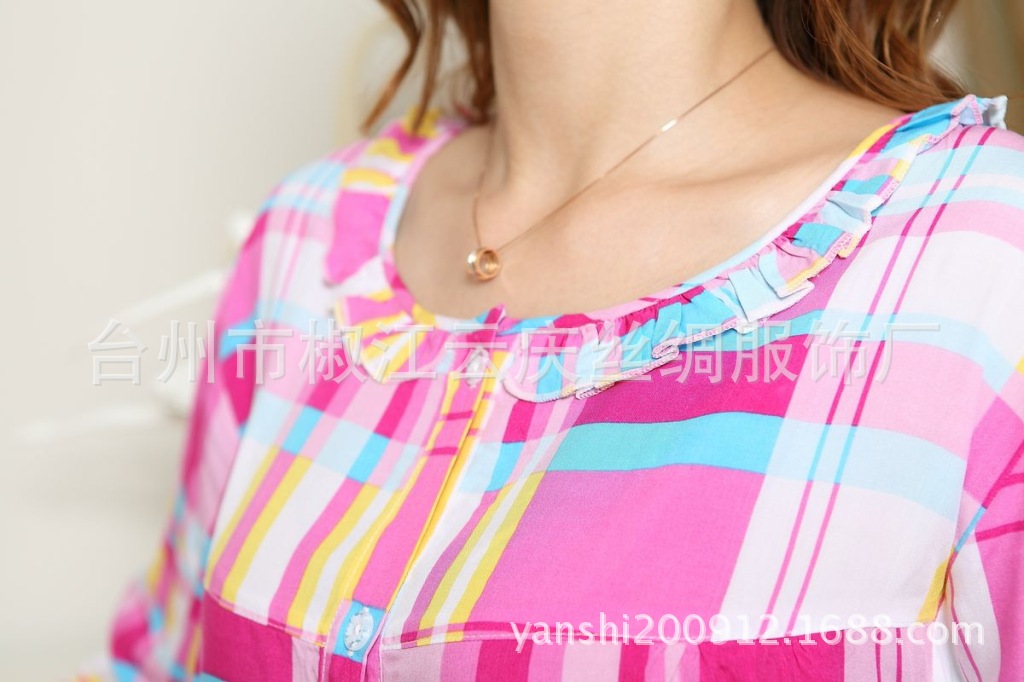 【春秋薄夏格子<em>时尚睡衣</em>女全棉长袖家居服29