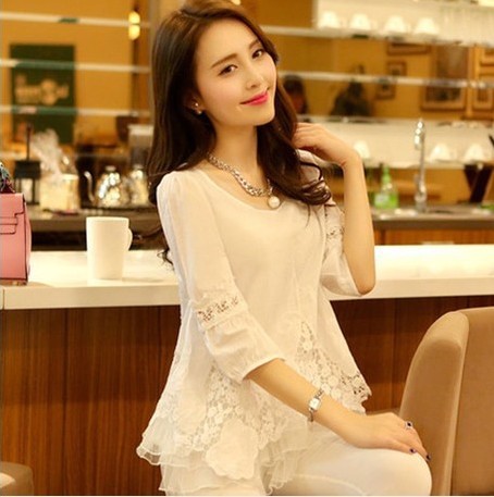 夏装新款<em>七分袖</em>纯棉<em>上衣</em>韩版<em>女</em>雪纺衫宽松蕾丝