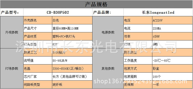 5W塑料球泡灯参数