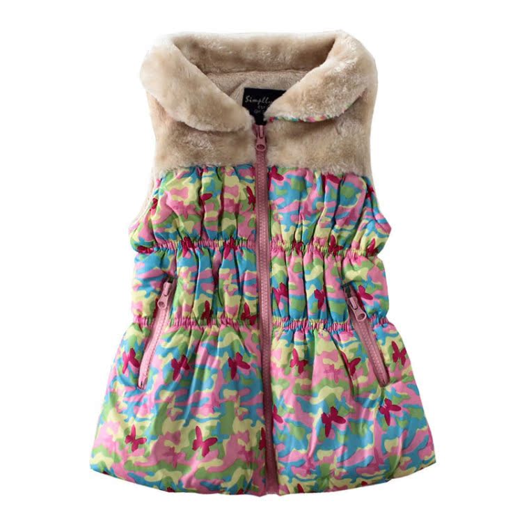 外贸原单迷彩棉<em>马甲</em>秋<em>冬款女童</em>毛领加厚保暖马