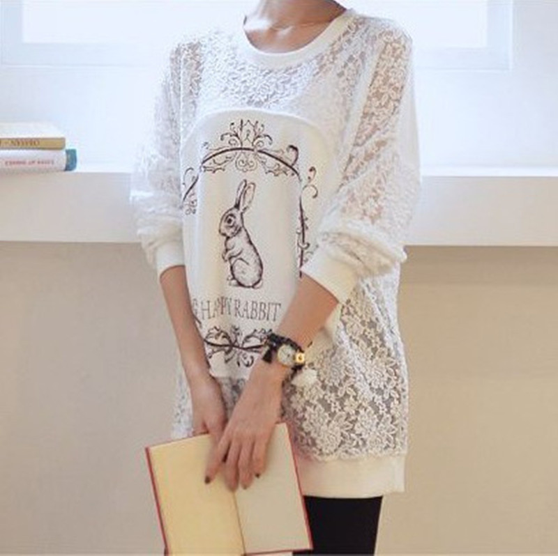 2014春装新款 韩版性感镂空蕾丝长袖T恤 白色