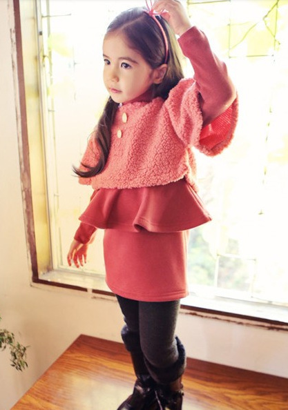 童装2014韩版秋冬款女童不倒绒短款外套长袖连衣裙包臀裙两件套装