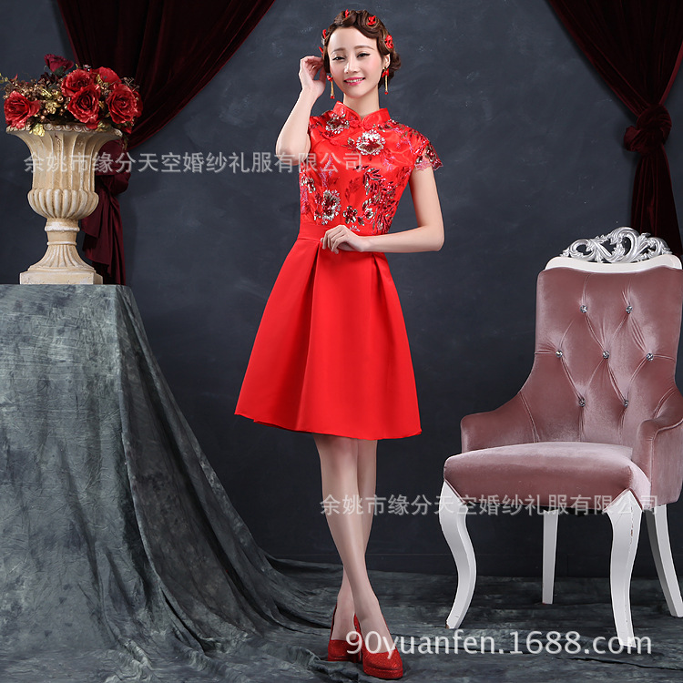 色新娘旗袍 <em>结婚</em>敬酒服复古刺绣花短款<em>夏季</em>旗