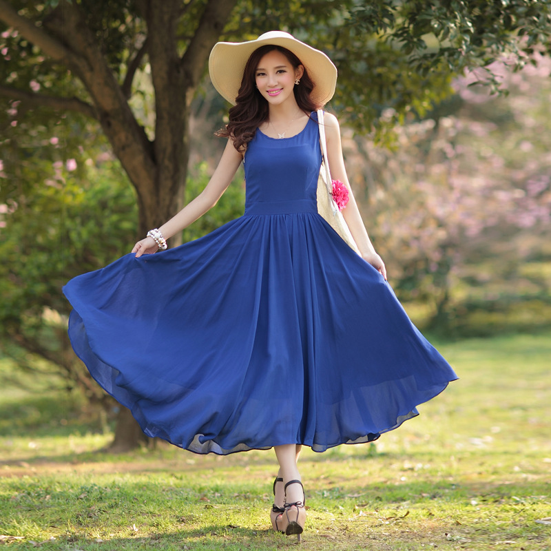 2014夏季新款<em>女装</em>纯色无袖甜美修身大摆<em>连衣</em>