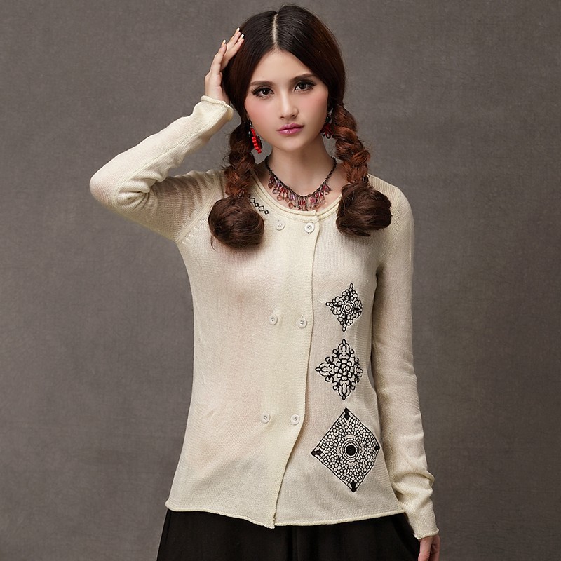 新款 <em>民族风春秋款</em>女装 全棉绣花<em>开衫</em>毛衣 单排