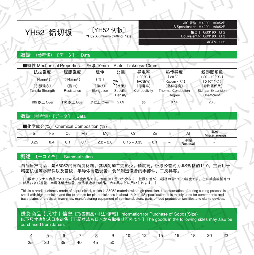 上海《珍集铝业》销售进口5052铝板kobelco日本 ,5052