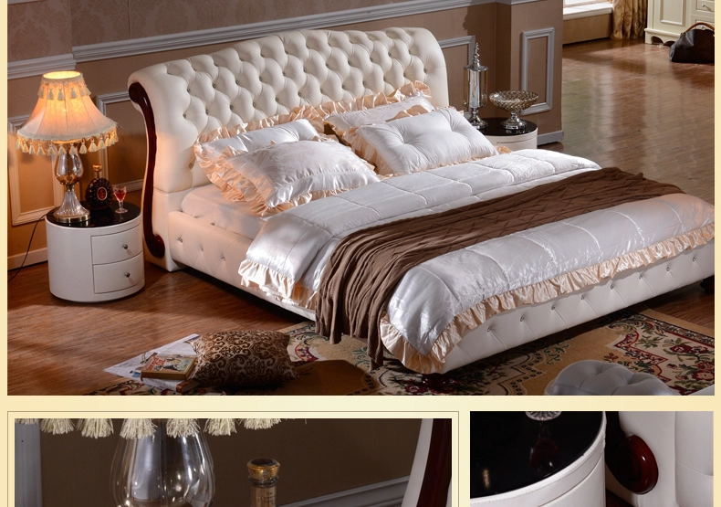 欧式高档皮床真皮床1.8米双 床婚床 时尚水晶扣简欧软床