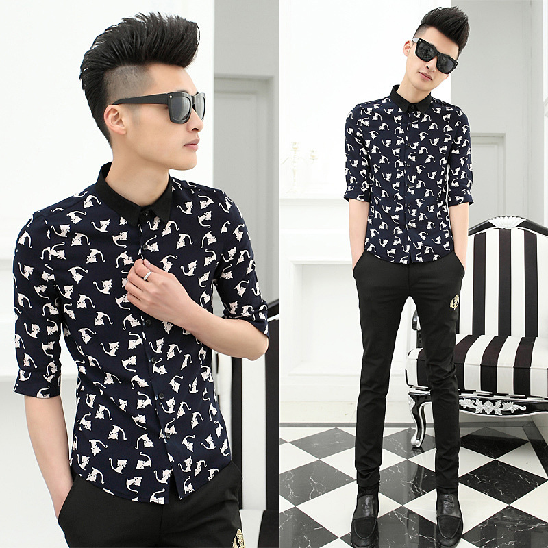 2014新款 修身百搭七分袖衬衣休闲<em>男士</em>棉衬衫