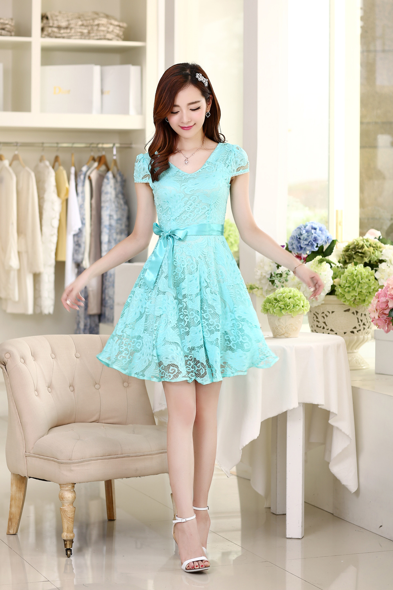 <em>夏装</em>新款韩版修身<em>淑女</em>中长款蕾丝雪纺<em>连衣裙</em> 