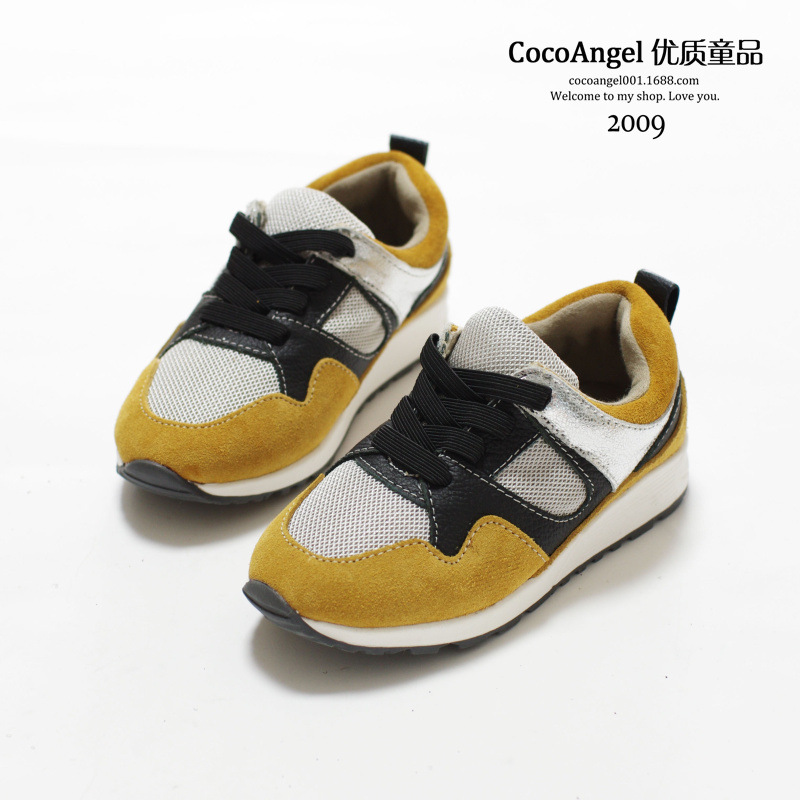 2014秋款 韩国儿童休闲鞋 男童女童真皮网布拼接款运动鞋 黄灰色