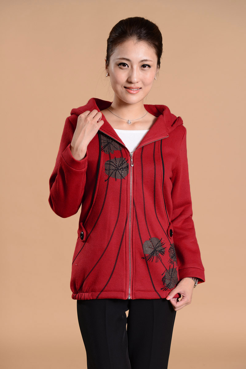 工厂直销秋冬新款中老年女装外套印花带帽拉链