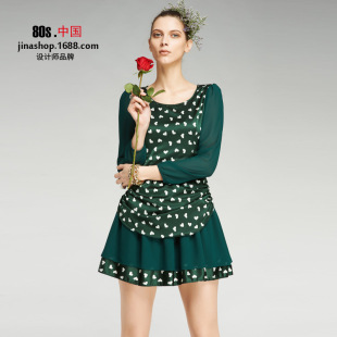 80s欧洲站女装 欧美品牌真丝连衣裙 长袖印花短裙服装代理加盟