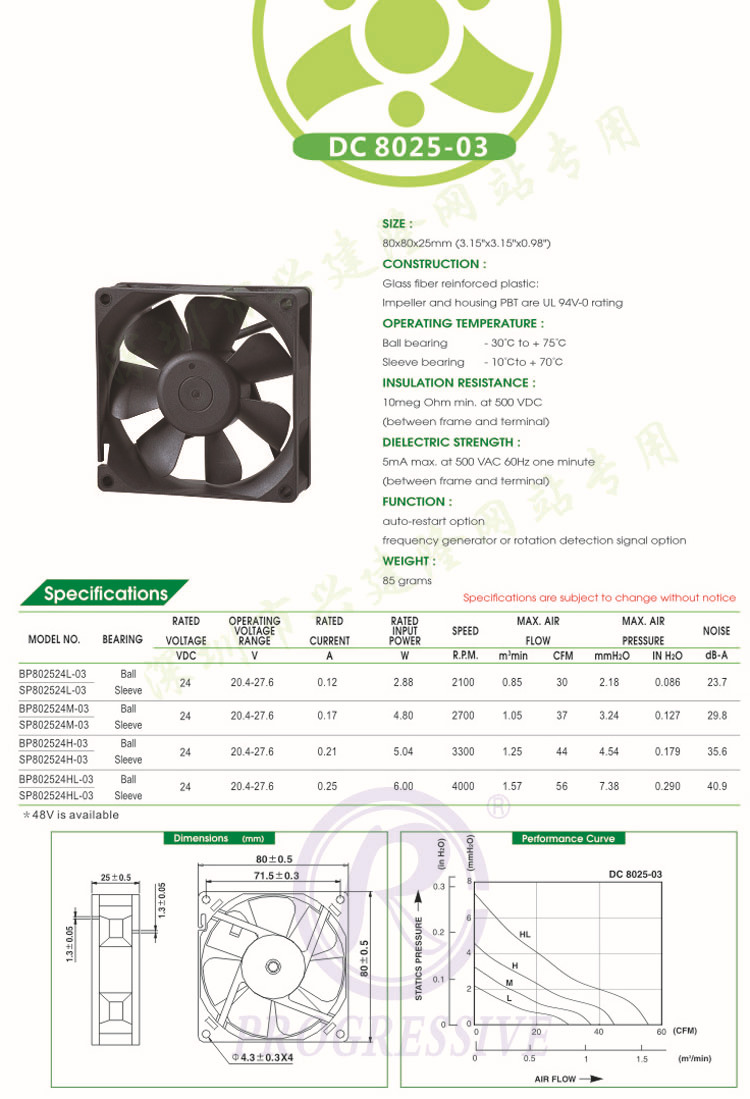  深圳总代供应台湾百瑞BP802524H-03直流风扇 24V 8025规格书