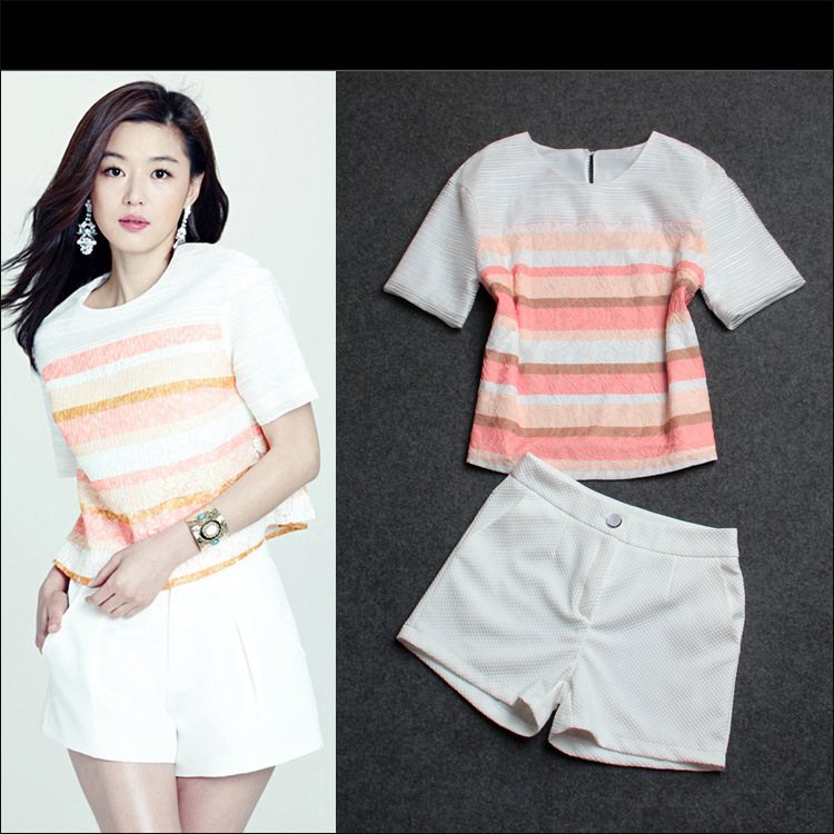 2014夏装新款全智贤<em>提花</em>条纹上衣+<em>提花短裤</em>套