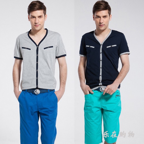 新版时尚韩国<em>男士</em>休闲单排扣V领短袖<em>V开衫</em>T恤