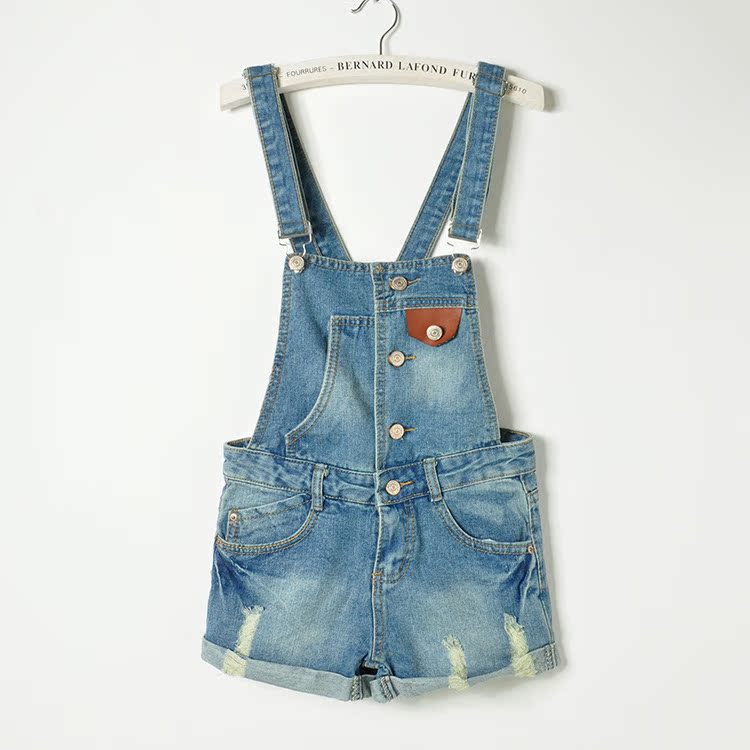 新款修身<em>休闲牛仔</em>背带<em>短裤女夏</em>韩版百搭显瘦连