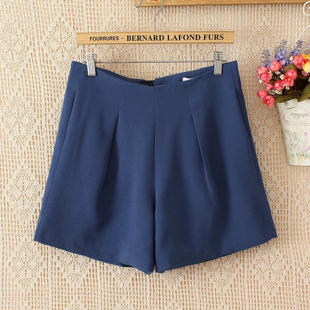欧美欧时 同款深蓝色<em>A字高腰短裤</em>时尚麻女士阔