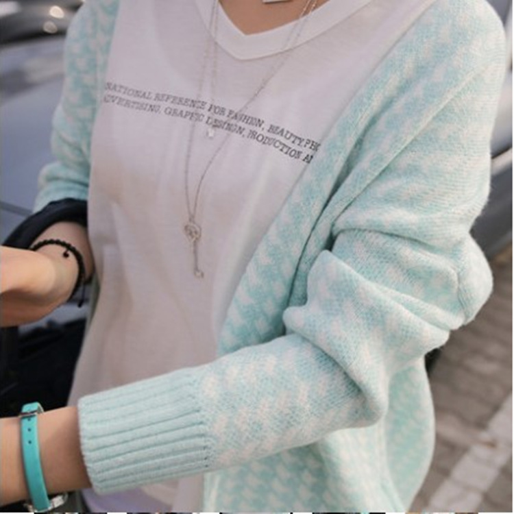 2014<em>秋季</em> 新款女装 韩版千鸟格宽松<em>毛衣外套女</em>