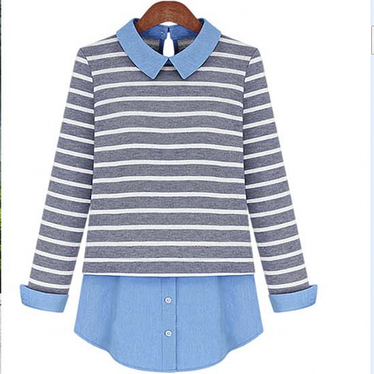 2014新款<em>春季大码女装</em> 时尚休闲条纹拼接牛仔