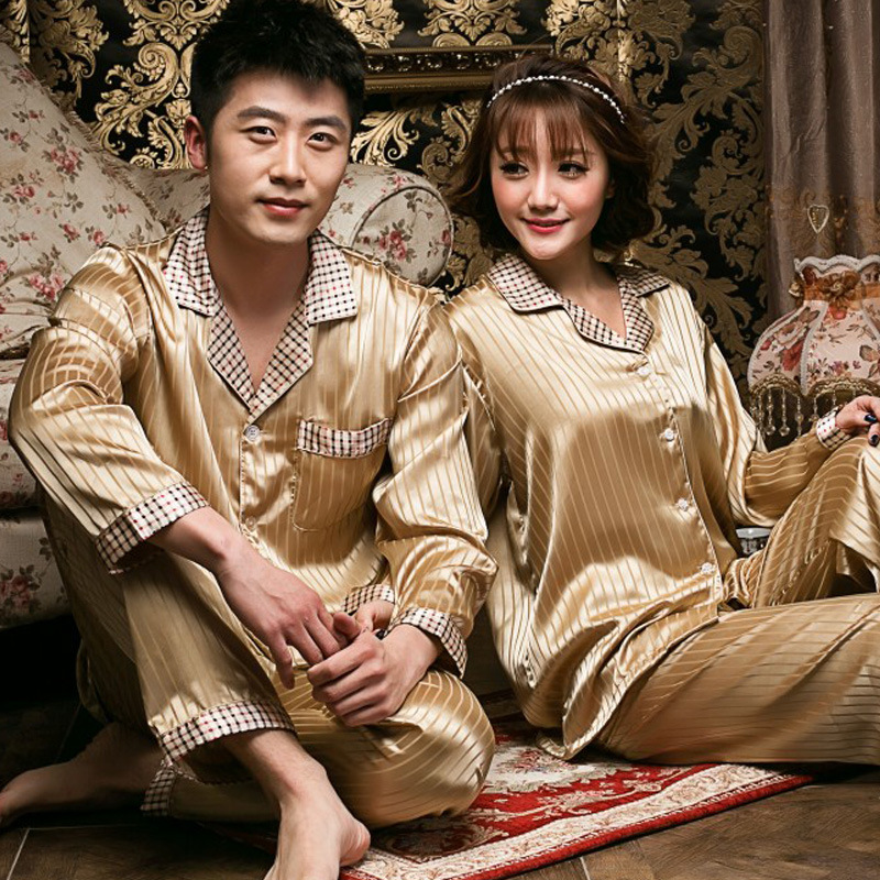 2014春夏新款情侣仿<em>真丝长袖</em>条纹<em>翻领睡衣</em> 男