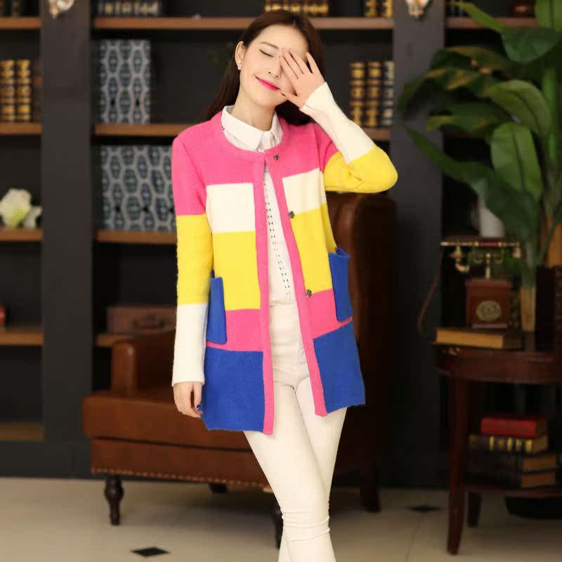 2014春装新款韩版中长款女装撞色针织衫开衫