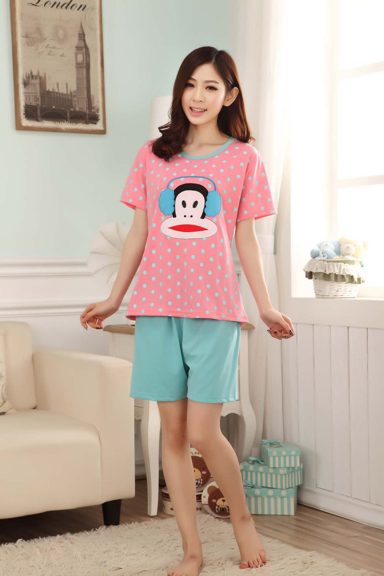 2014新款夏季女<em>睡衣</em>卡通可爱耳机猴<em>短袖睡衣</em>