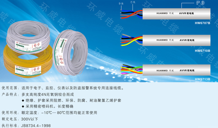 【软电线批发】环威电缆厂家供应铜芯聚氯乙烯护套AVVR3*0.3电线