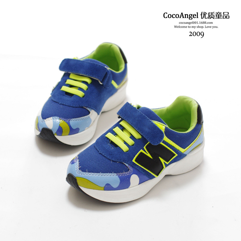 2014秋款 儿童休闲鞋 韩国迷彩款N字鞋 男童女童真皮运动鞋 蓝色