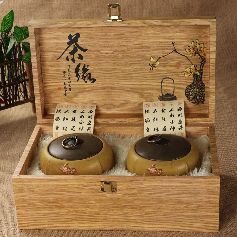 创意热销新品 德化优质陶瓷高档茶叶礼盒包装 仿木茶叶盒包装