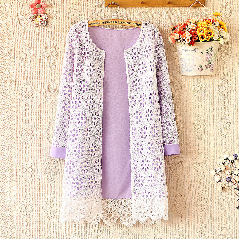 新款欧美长袖<em>圆领</em>花朵镂空钩勾花撞色紫色黄色