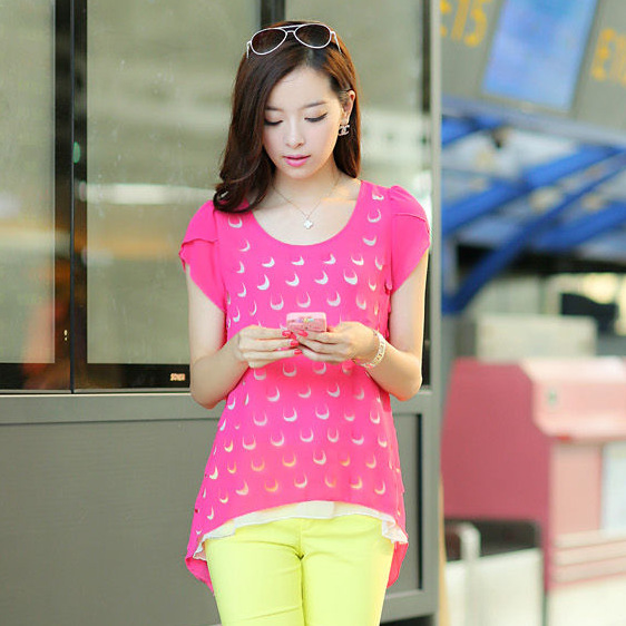 2014夏装新款<em>女雪纺上衣</em> 韩版圆领中长短袖雪