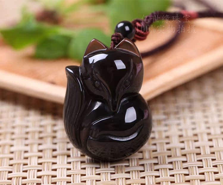 批发采购项坠-天然水晶黑曜石狐狸吊坠女士项