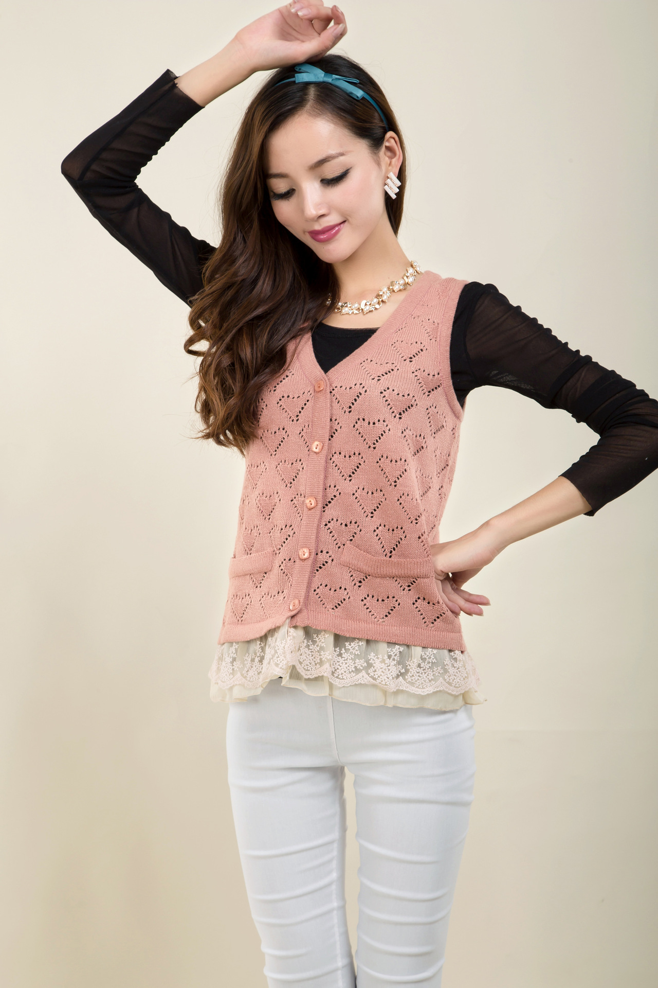 14新款 韩版心型<em>钩花</em>镂空<em>开衫女士背心</em> 可爱糖