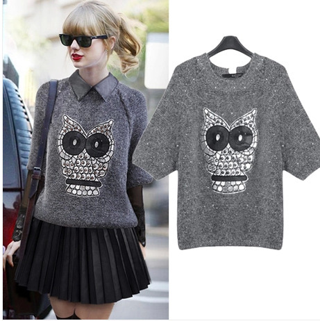 2014朋克风女装 欧洲站猫头鹰 欧美<em>毛衣</em> <em>短袖</em> 