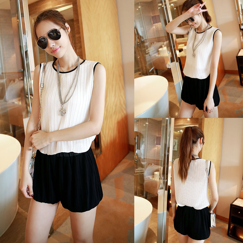 2014夏女新款百褶气质雪纺背心<em>黑色</em>灯笼<em>短裤</em>