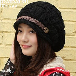 韩版时尚扣子卷边秋冬季潮女士保暖护耳加厚针织毛线帽子
