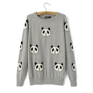 欧洲站秋冬新款女装可爱熊猫图案圆领套头毛衣针织衫外套 1063