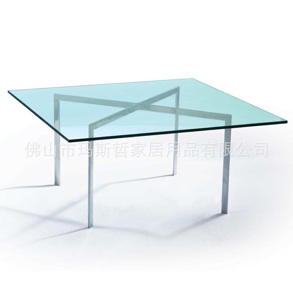 table 玻璃茶几   产品描述:巴塞罗那咖啡桌,x型的不锈钢架支撑钢化