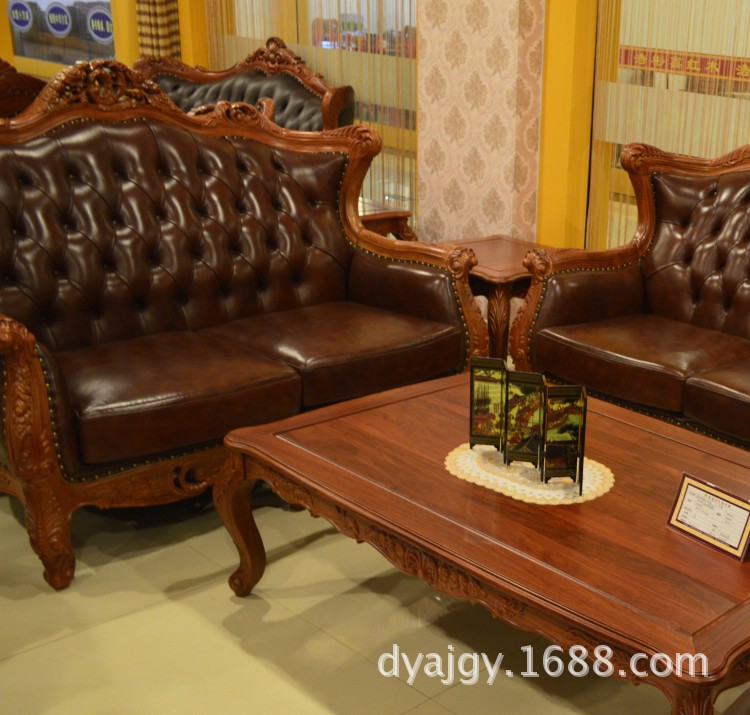 沙发类-厂家直销高档牛皮欧式红木沙发组合批