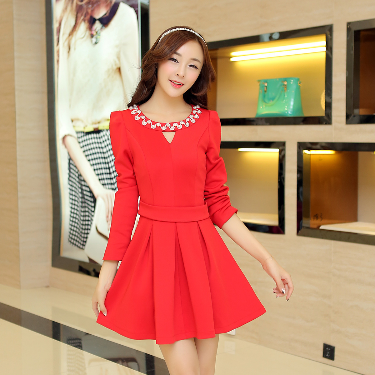 秋季新款女士韩国丝长袖连衣裙修身显瘦时尚优