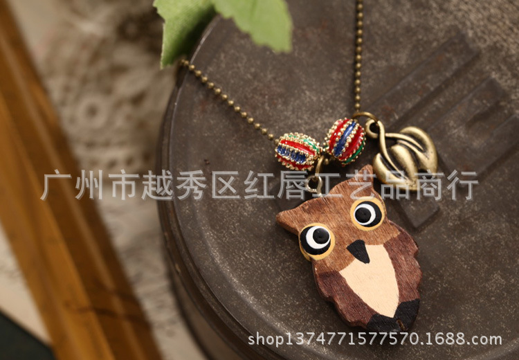 复古文艺<em>挂链</em> <em>木</em>猫头鹰吊坠项链 长款<em>毛衣</em>链 棉