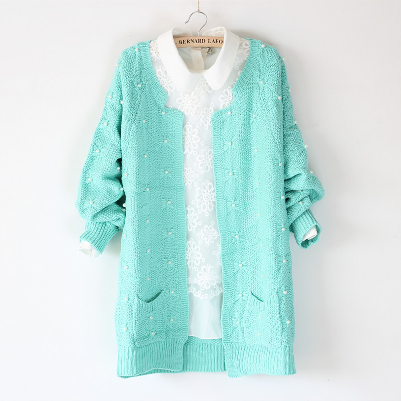 122 <em>韩版</em>甜美风格<em>手工</em>钉珠中<em>长款开衫</em>外套<em>针织</em>
