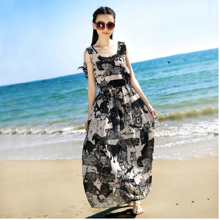 2014夏装 波西米亚长裙海边连衣裙动物图案裙