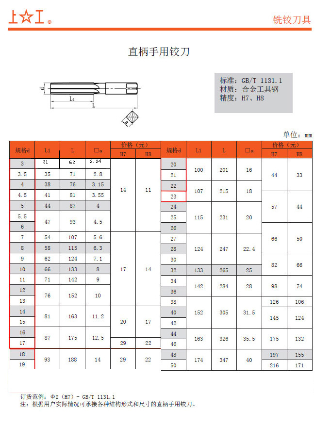 [含税]上工 直柄手用铰刀 3~50(h7)