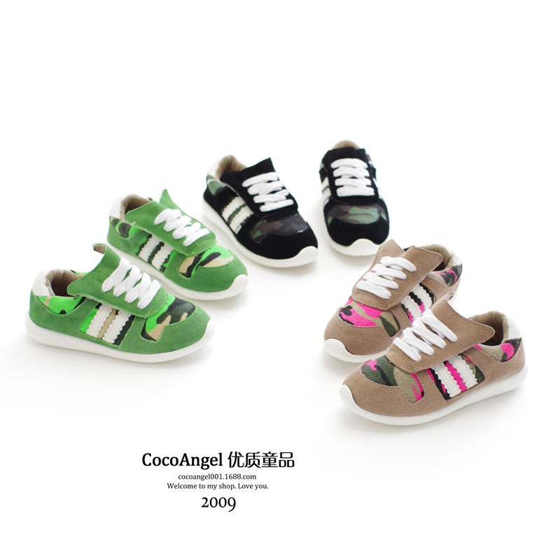 2014秋款 韩国儿童休闲鞋 迷彩布拼磨砂牛皮款男童女童运动鞋