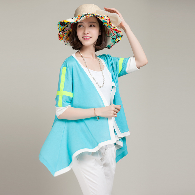 2014新款韩版<em>大v领针织开衫</em>个性撞色<em>中袖</em>外套