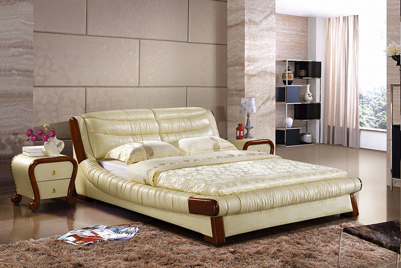 厂家批发零售 带木架床 真皮床 弧形边双人床 米黄色皮床